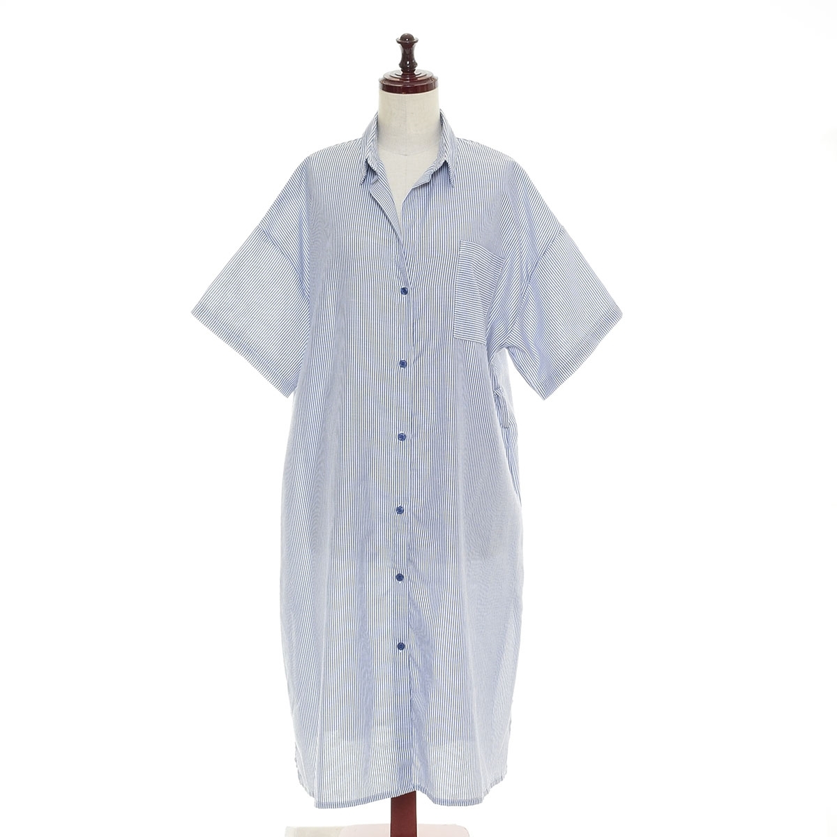 □519911 AS KNOW AS アズノウアズ ○ロングワンピース ストライプシャツワンピース 半袖 レディース ブルー ホワイト拍卖