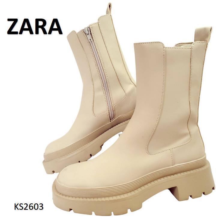 ザラ サイドジップブーツ 厚底 トラックソール ベージュ 23cm サイドゴア拍卖
