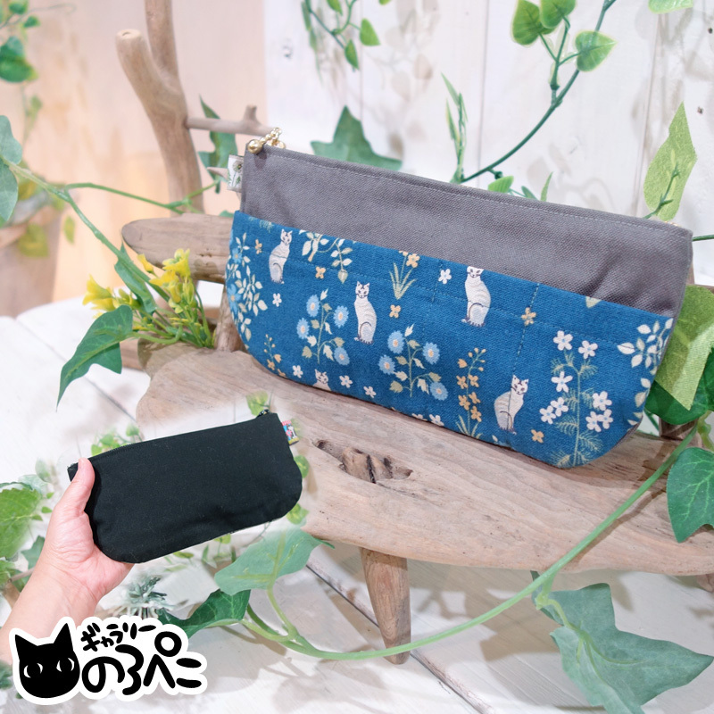 花と猫ちゃんの外ポケット付きペンケース(猫柄コットンリネンとグレー帆布の横長ポーチ) aa362-281拍卖