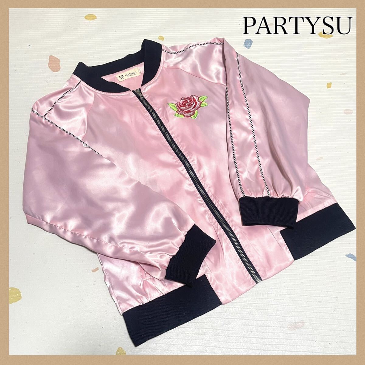 PARTYSU ローズ刺繍 サテン ジャケット ブルゾン スカジャン アウター ブラック ピンク 刺繍拍卖