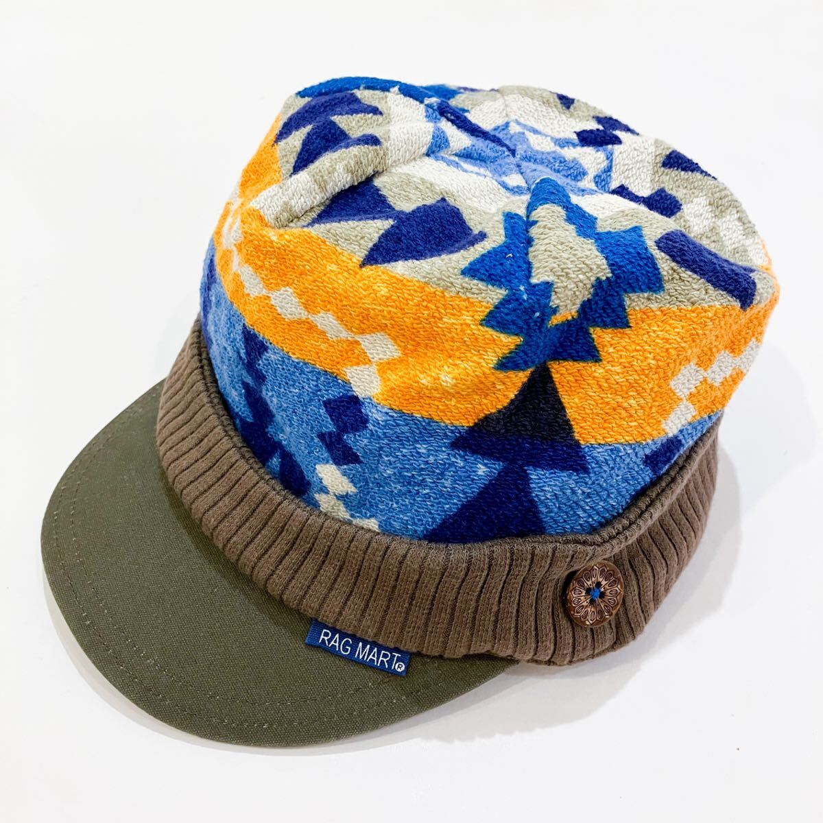 【新品未使用】Rag Mart.B ラグマート 帽子 ブルー イエロー カーキ 54cm キャップ ネイティブ柄 幾何学柄 リブ アウトドア 登山 キッズ拍卖