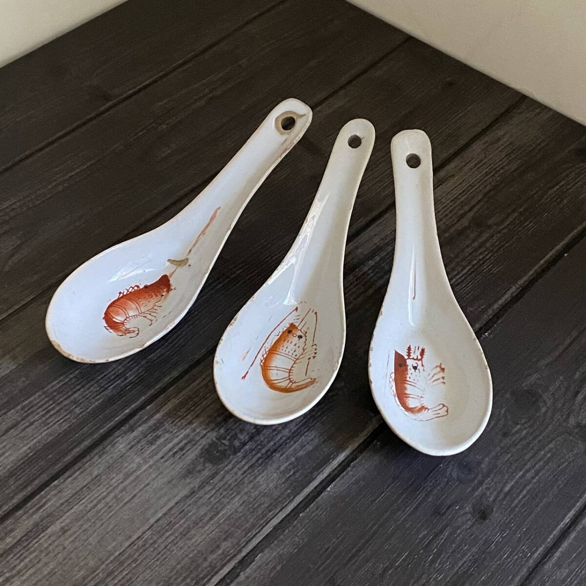 ◆台湾レトロ◆難あり 3点まとめて◆蝦レンゲ 蓮華 エビ 蝦柄◆台湾食器◆アンティーク拍卖