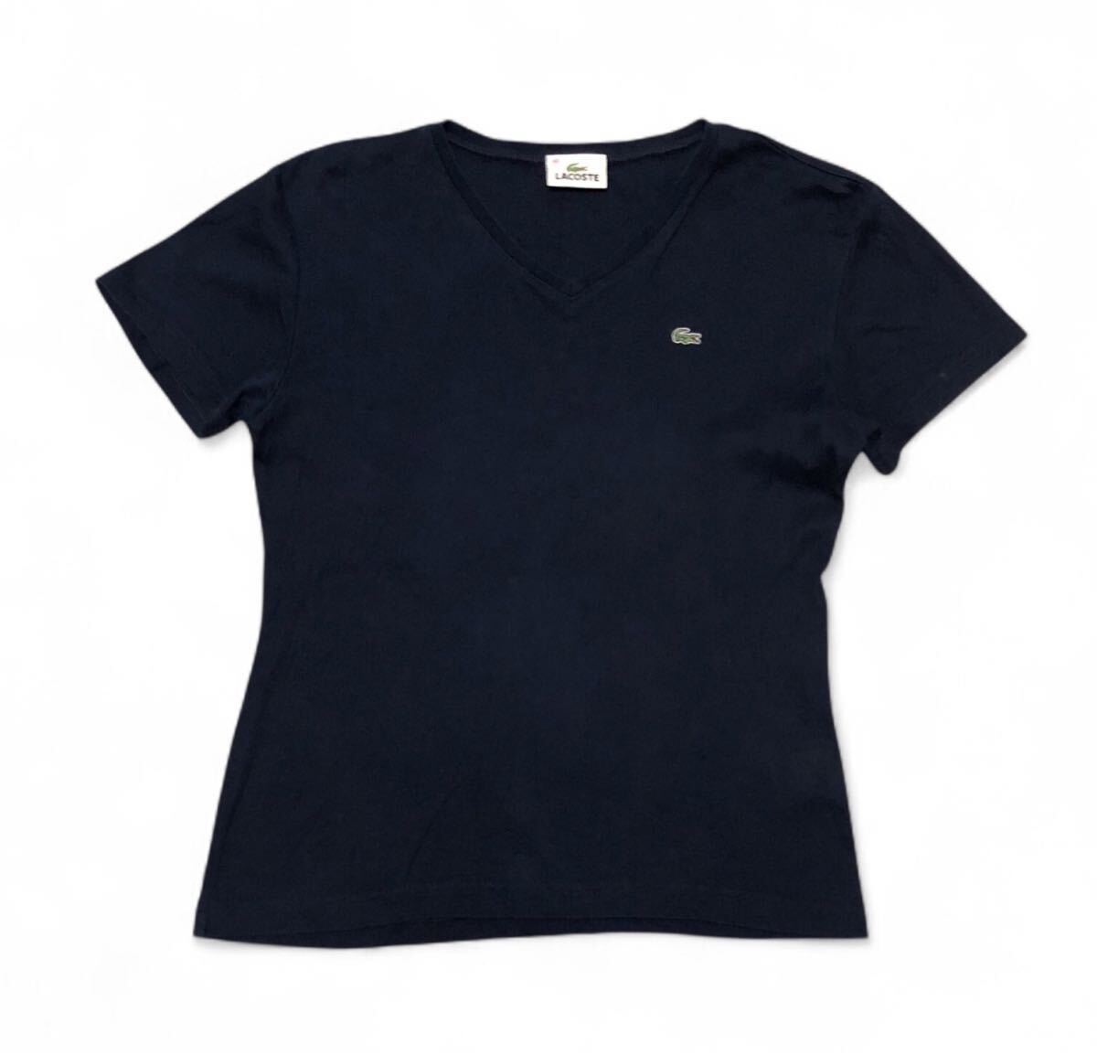 ■LACOSTE ラコステ■ワニ刺繍 Vネック コットン 半袖 Tシャツ ネイビー 40拍卖