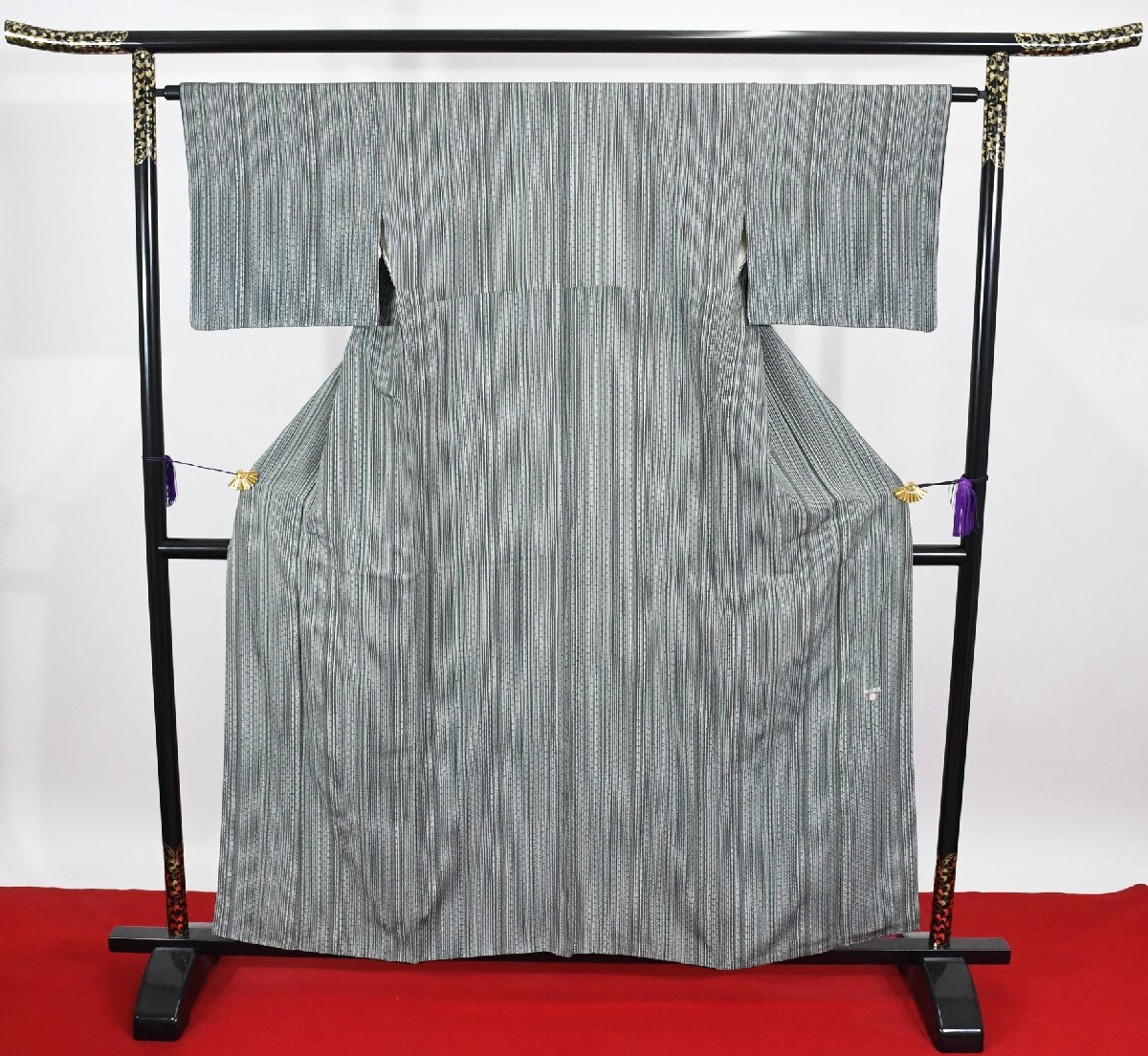 小紋 着物 袷 縞 小花 江戸小紋作家『新井梅春』 身丈152cm 裄丈63cm ★ kb-6924 桜庭呉服店拍卖