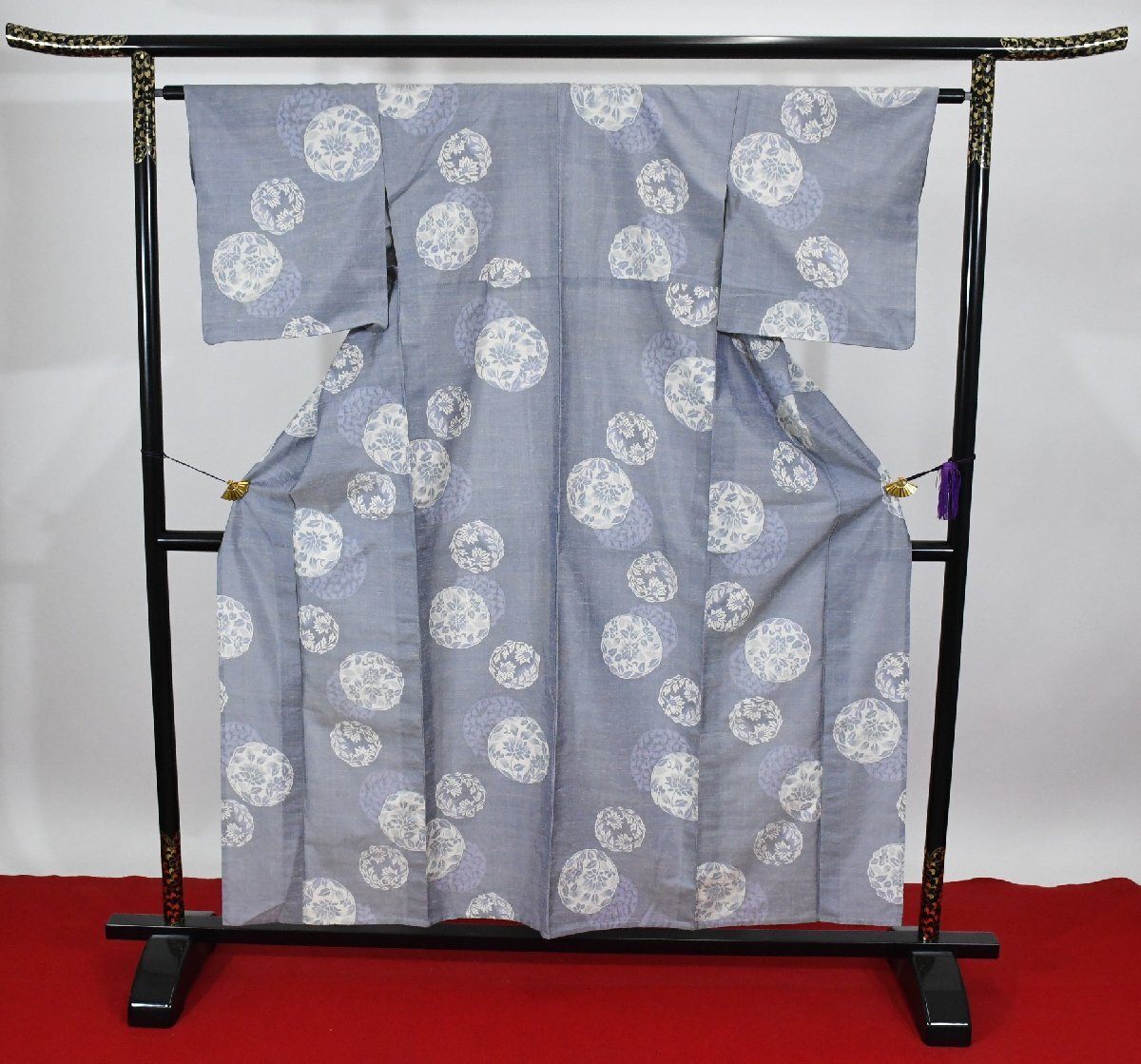 紬 つむぎ 丸花紋様 正絹 単衣 身丈151cm 裄丈62.5cm ★着物 pb-3770 桜庭呉服店拍卖