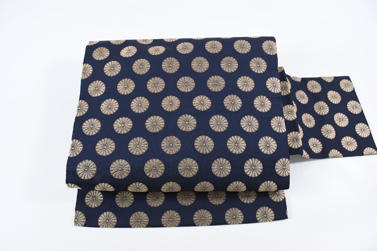 名古屋帯 アンティーク 菊 紺 帯丈324cm ★着物屋 ne-16120 桜庭呉服店拍卖