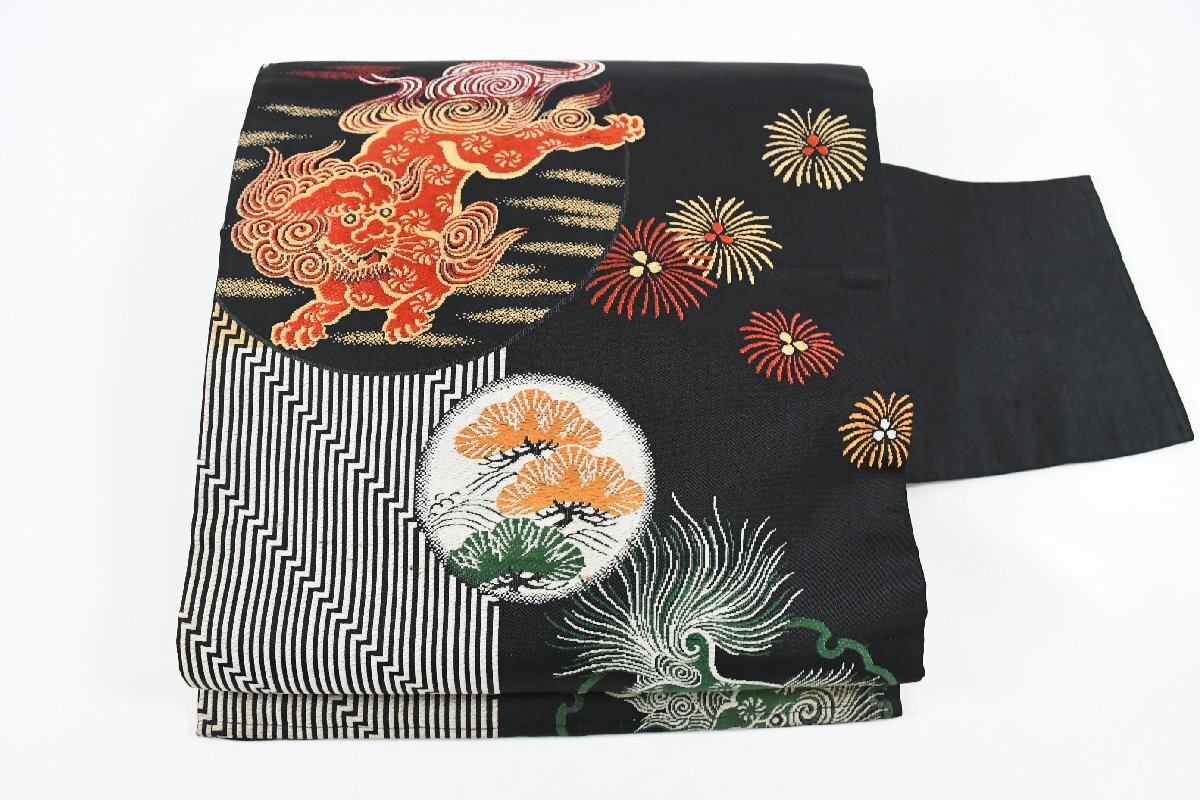 名古屋帯 アンティーク 獅子 花 松 帯丈322cm ★着物屋 ne-16161 桜庭呉服店拍卖