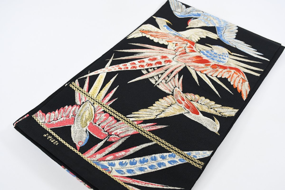 袋帯 六通柄 鳥 黒 帯丈420cm ★着物屋 ne-16165 桜庭呉服店拍卖