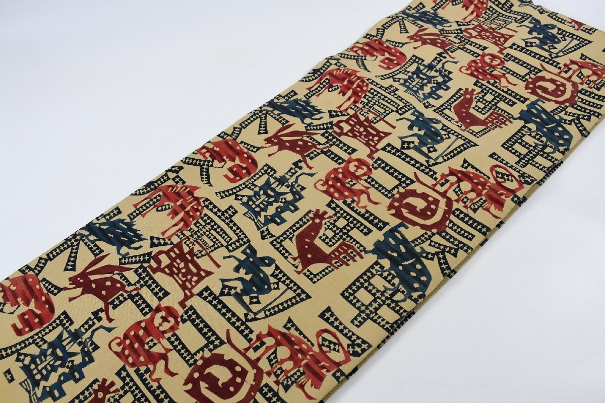 袋名古屋帯 型染め 十二支 鼠 牛 虎 卯 辰 巳 馬 猿 鳥 犬 未 申 酉 戌 亥 帯丈376cm ★着物屋 ne-16569 桜庭呉服店拍卖