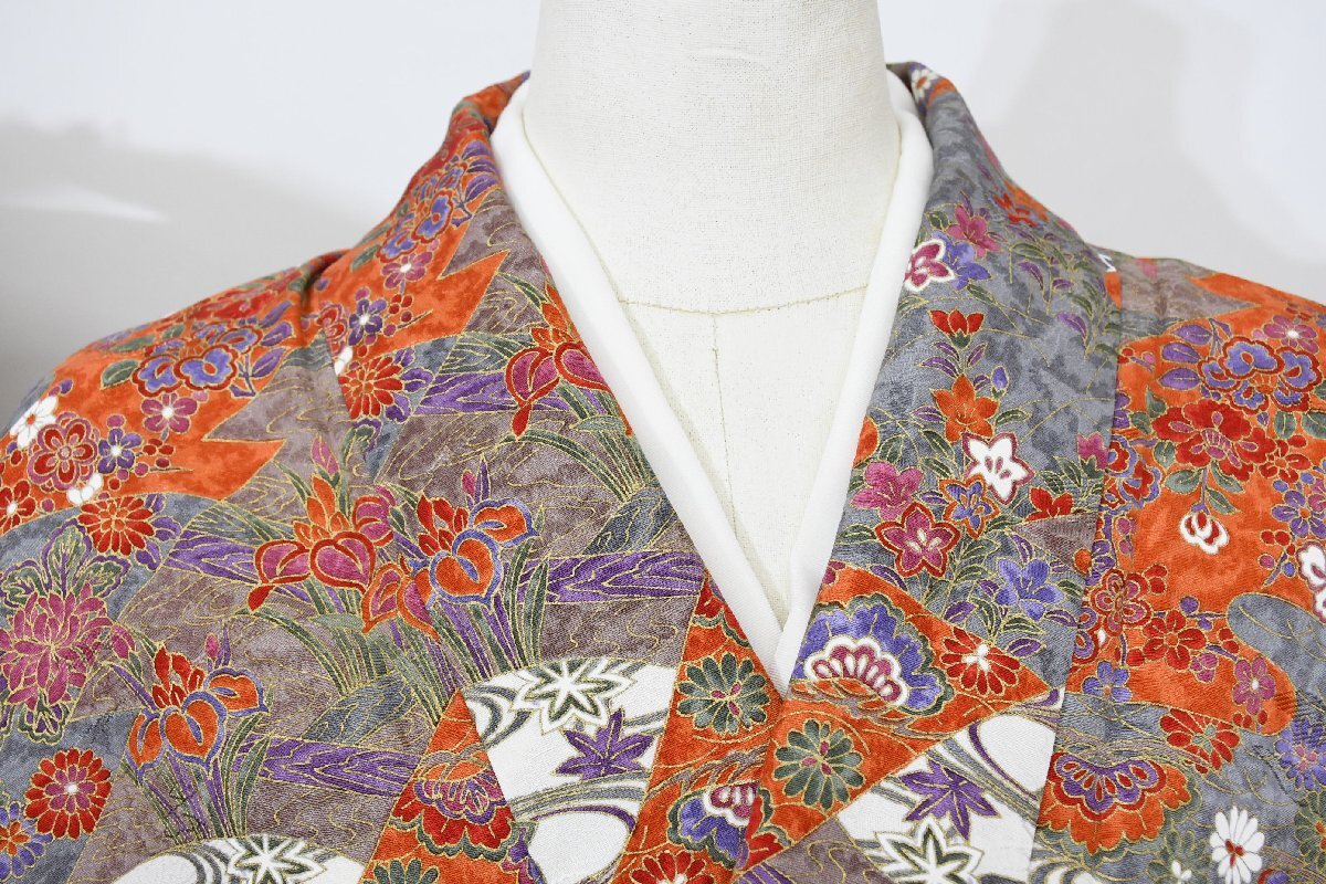 小紋 着物 袷 絽 水辺 花 身丈158cm 裄丈65cm ★ kb-6979 桜庭呉服店拍卖