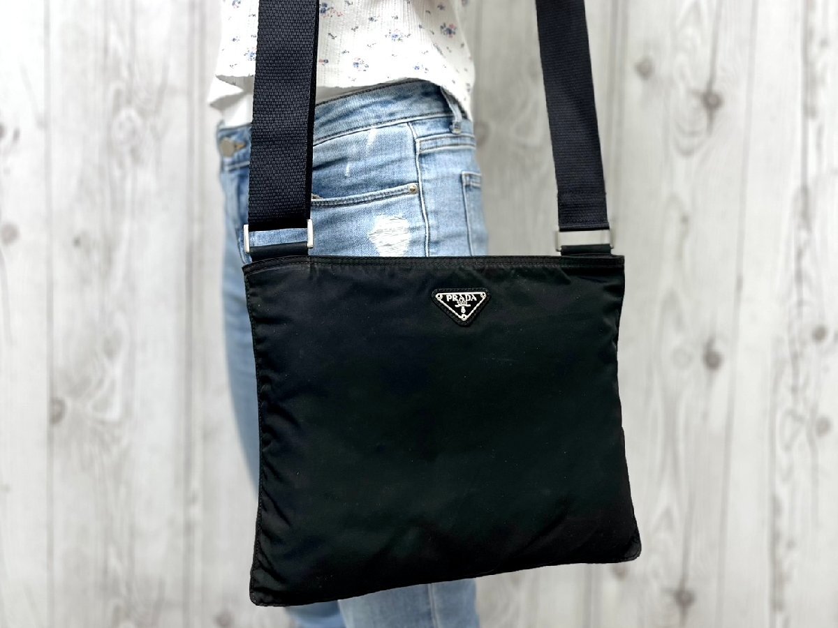 美品 PRADA プラダ テスート ショルダーバッグ バッグ ナイロン×レザー 黒 メンズ 87737拍卖