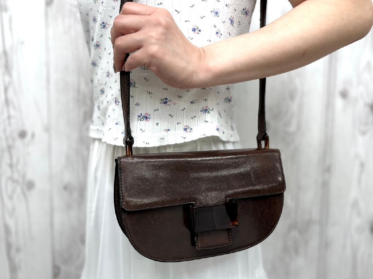 美品 PRADA プラダ べっ甲調 ショルダーバッグ バッグ レザー 茶 87782拍卖