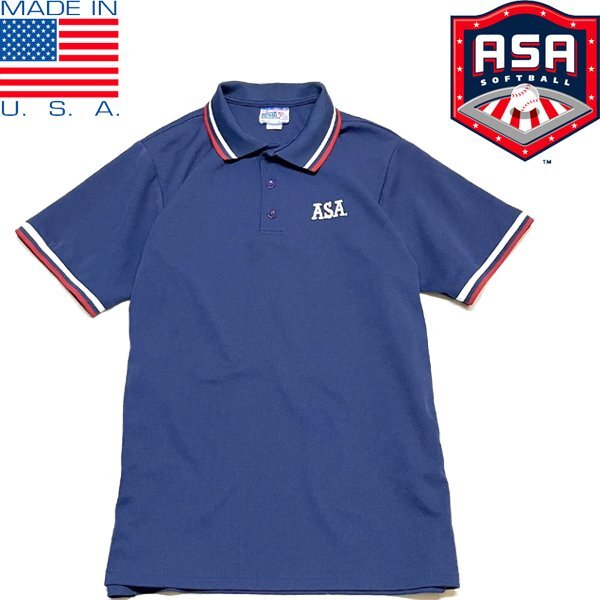 1点物◆USA製ASAソフトボール紺ポリ素材ポロシャツ古着メンズXXLレディースOKアメカジ90sストリートスポーツ半袖ブランド野球MLB中古349659拍卖