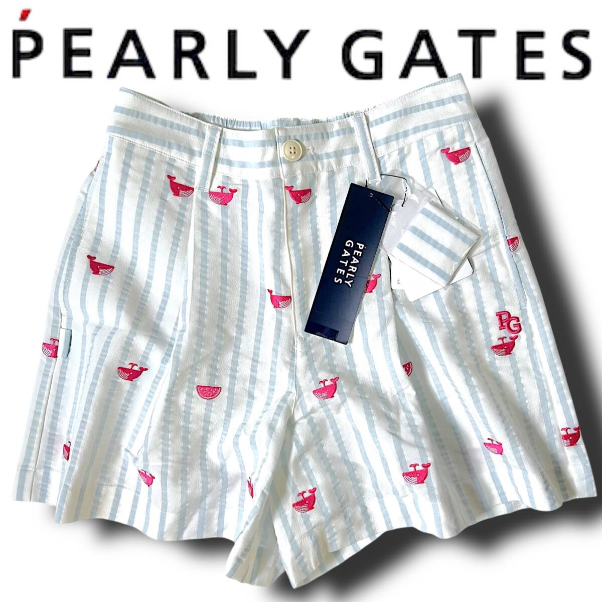 ◆新品 PEARLY GATES パーリーゲイツ 定価3万 速乾通気 クジラ&スイカ刺繍 シアサッカーストライプ キュロット ショートパンツ 00 C130拍卖