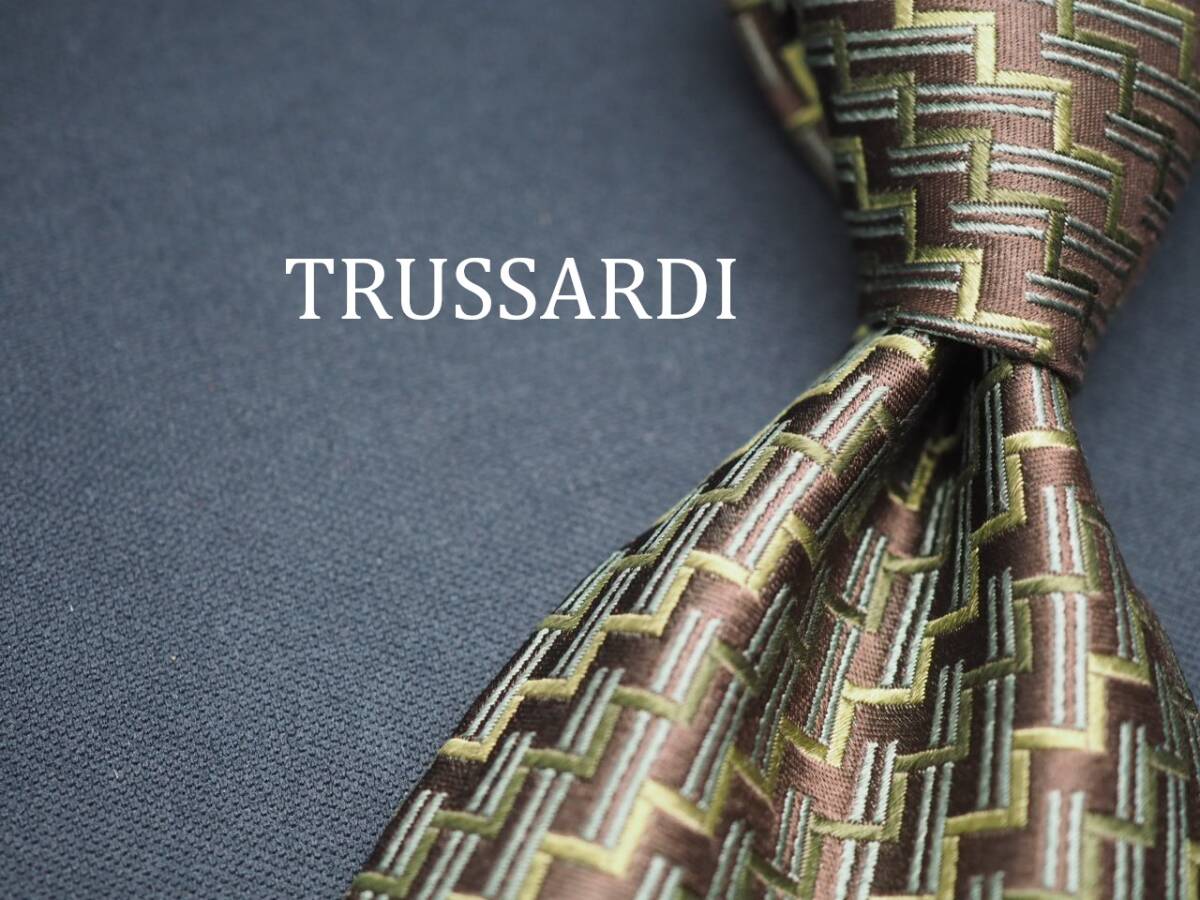 美品【TRUSSARDI トラサルディ】 F1145 ブラウンオリーブ系 SILK ブランド ネクタイ 古着 良品拍卖