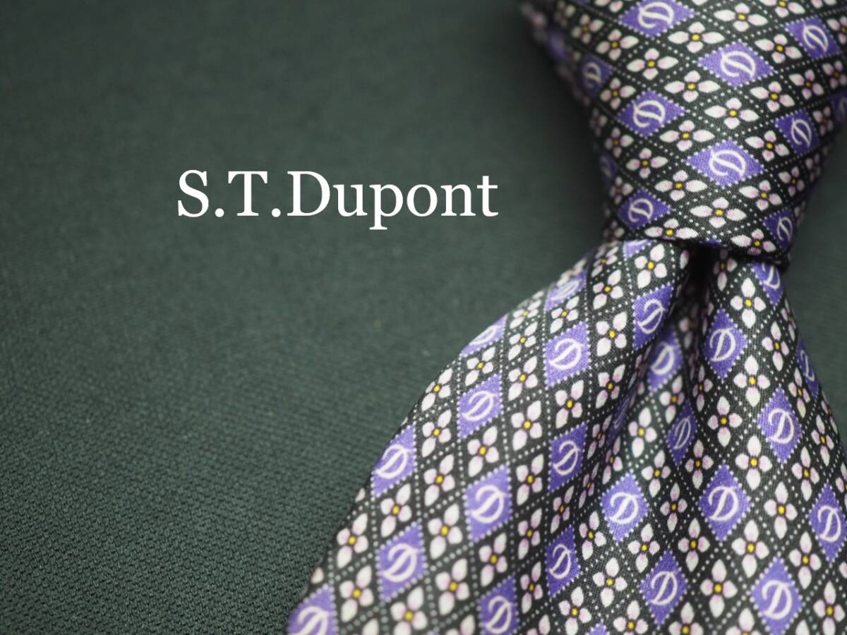 美品【S.T.Dupont デュポン】 F1611 ロゴ パープル系 SILK ブランド ネクタイ 古着 良品拍卖