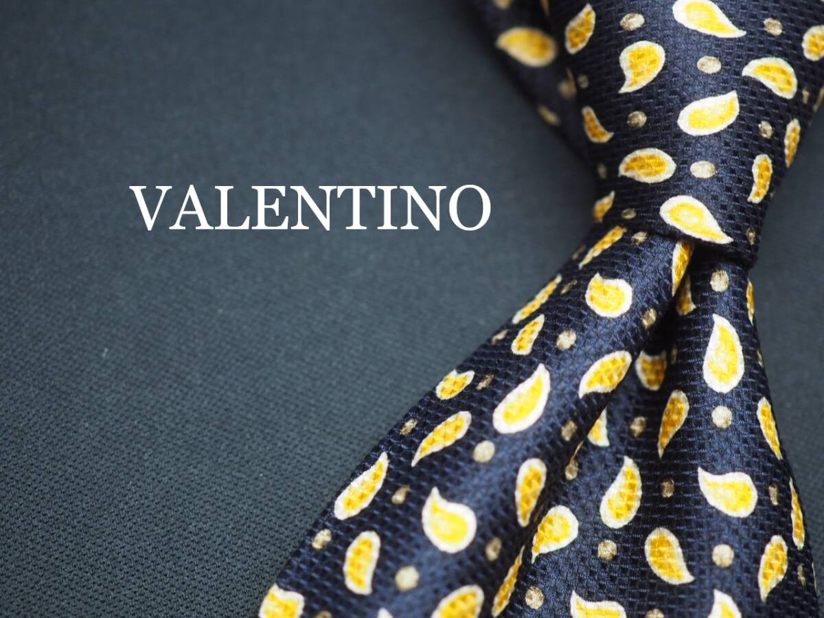 美品【VALENTINO ヴァレンティノ】 F1672 黄 ネイビー系 SILK ブランド ネクタイ 古着 良品拍卖