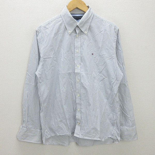G■トミーヒルフィガー/TOMMYHILFIGER 長袖BDシャツ/チェック柄【L】白紺/men's/165【中古】■拍卖