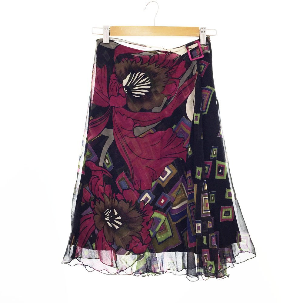 ★超美品 Renato Nucci レナートヌッチ 花柄 幾何学柄 シフォンスカート サイズ36 レディース ブラック マルチカラー JRH806 1BA/93462拍卖