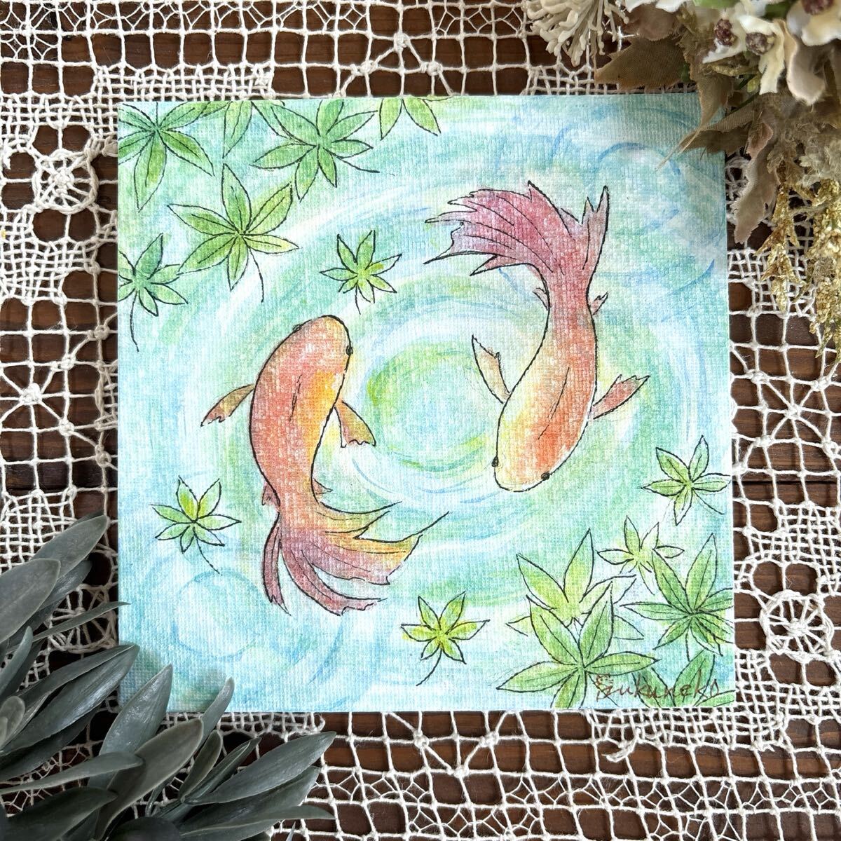 雫猫 nyago 水彩画 金魚 魚 紅葉 涼しげ 夏 イラスト 絵 絵画 手描きイラスト オリジナル キャンバス 原画 画家 直筆 真作 美術 アート拍卖