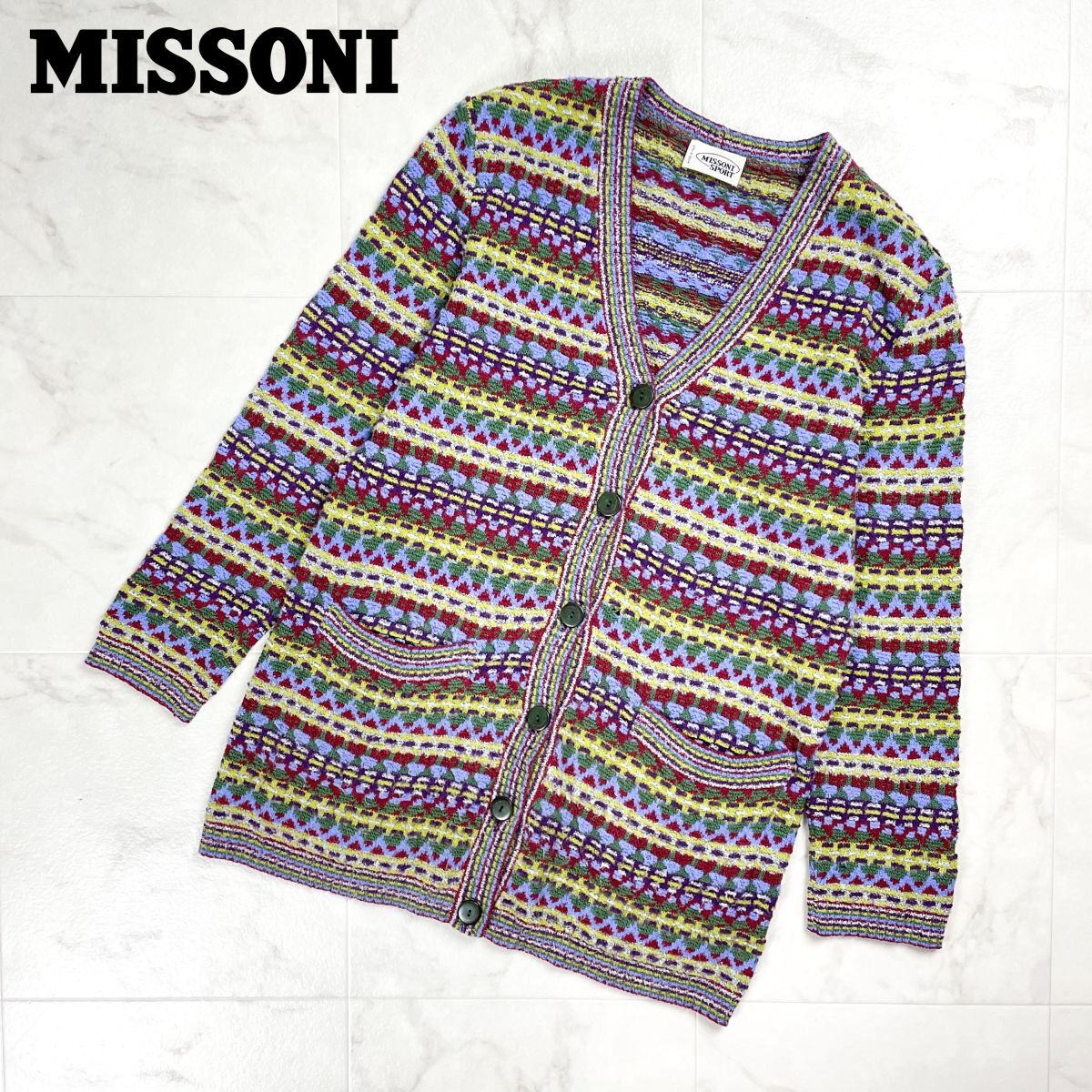 美品 MISSONI SPORT ミッソーニスポーツ 長袖総柄ロングカーディガン Vネック ニットセーター レディース マルチカラー サイズ40*FD62拍卖