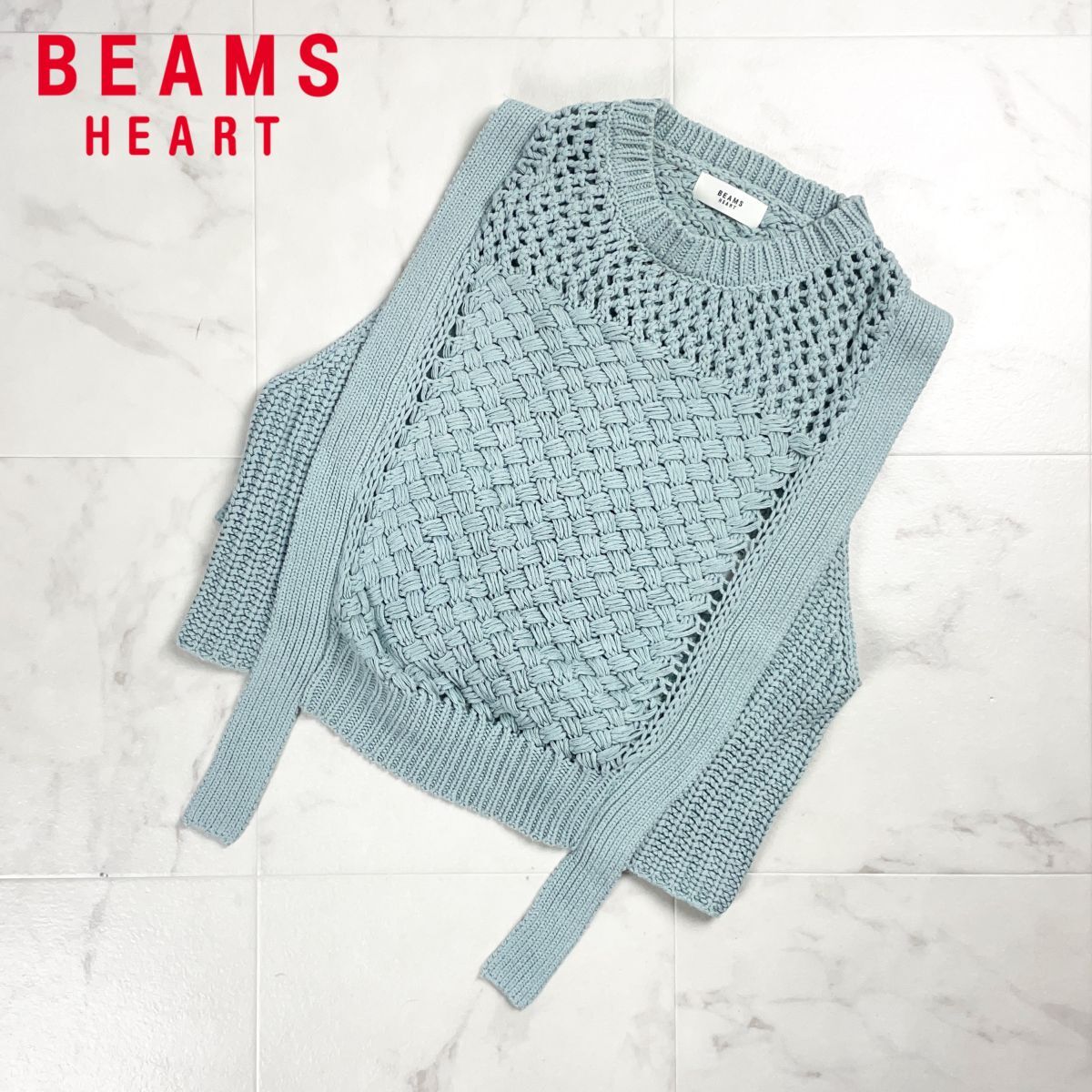 BEAMS HEART ビームスハート ベルトニットベスト ノースリーブセーター コットンアクリル レディース ミルクブルー 水色 サイズF*FD247拍卖