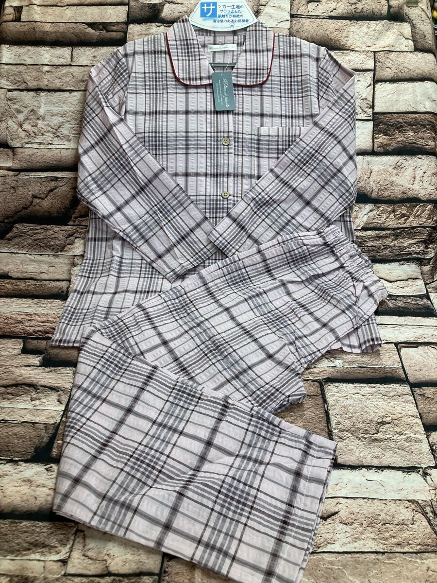 送料無料!サッカー生地のサラリとした肌触り&清涼感!格子柄 長袖 綿混レディースパジャマ(画像から)1組拍卖