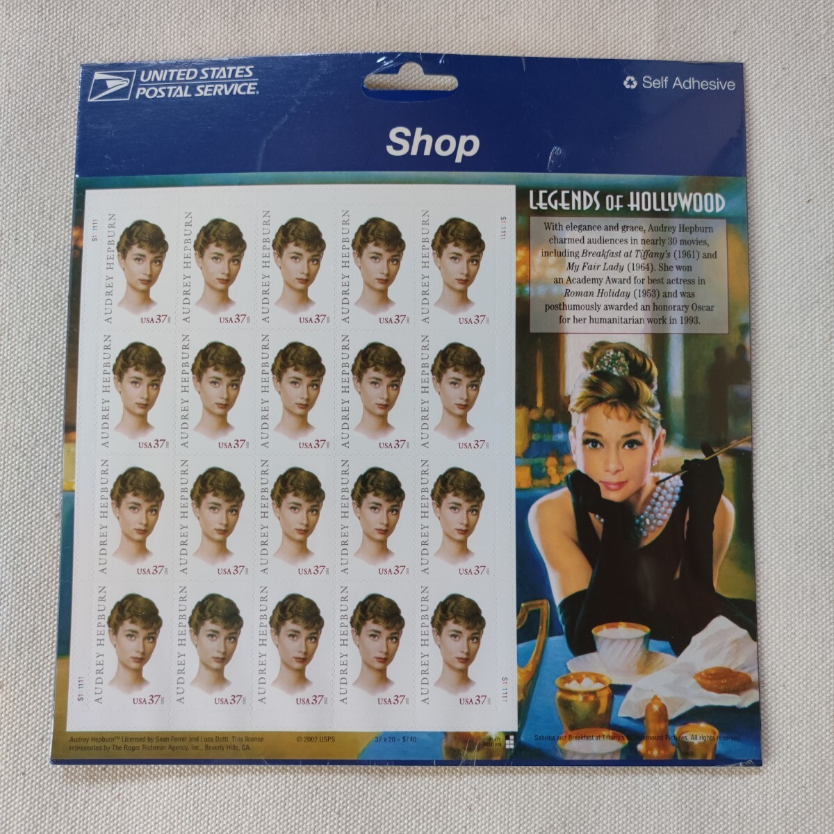 海外 切手シート オードリー・ヘップバーン 37¢ 20枚 US POSTAL 2002 LEGEND OF HOLLYWOOD 未使用品 ヘプバーン拍卖
