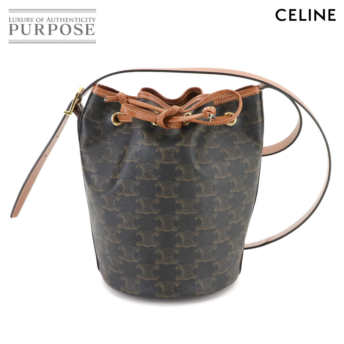 新品同様 セリーヌ CELINE トリオンフ スモール ドローストリング ショルダー バッグ PVC レザー タン 191142BZJ 90285167拍卖