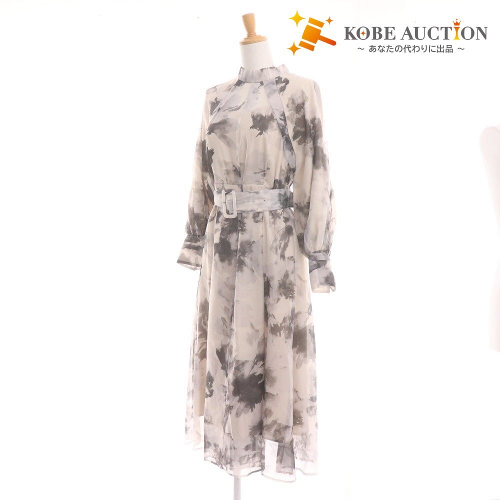 ■ SNIDEL スナイデル ロングワンピース 長袖 トップス マキシ丈 水彩 花柄 ベルト レディース 1 ホワイト ブラック拍卖