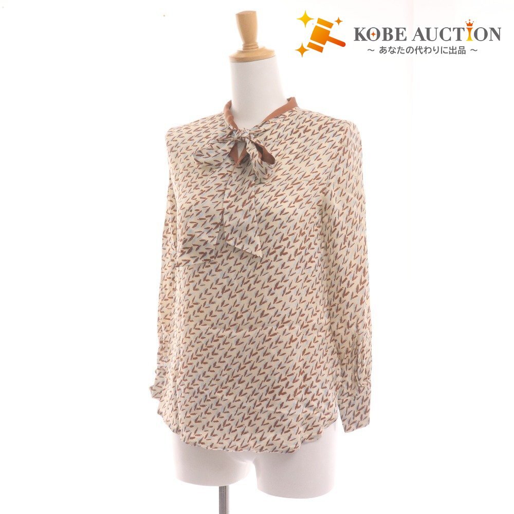 ■ ANAYI アナイ ボウタイシャツ 半袖 トップス プルオーバー 襟 総柄 日本製 レディース 36 ライトベージュ ブラウン ライトブルー拍卖