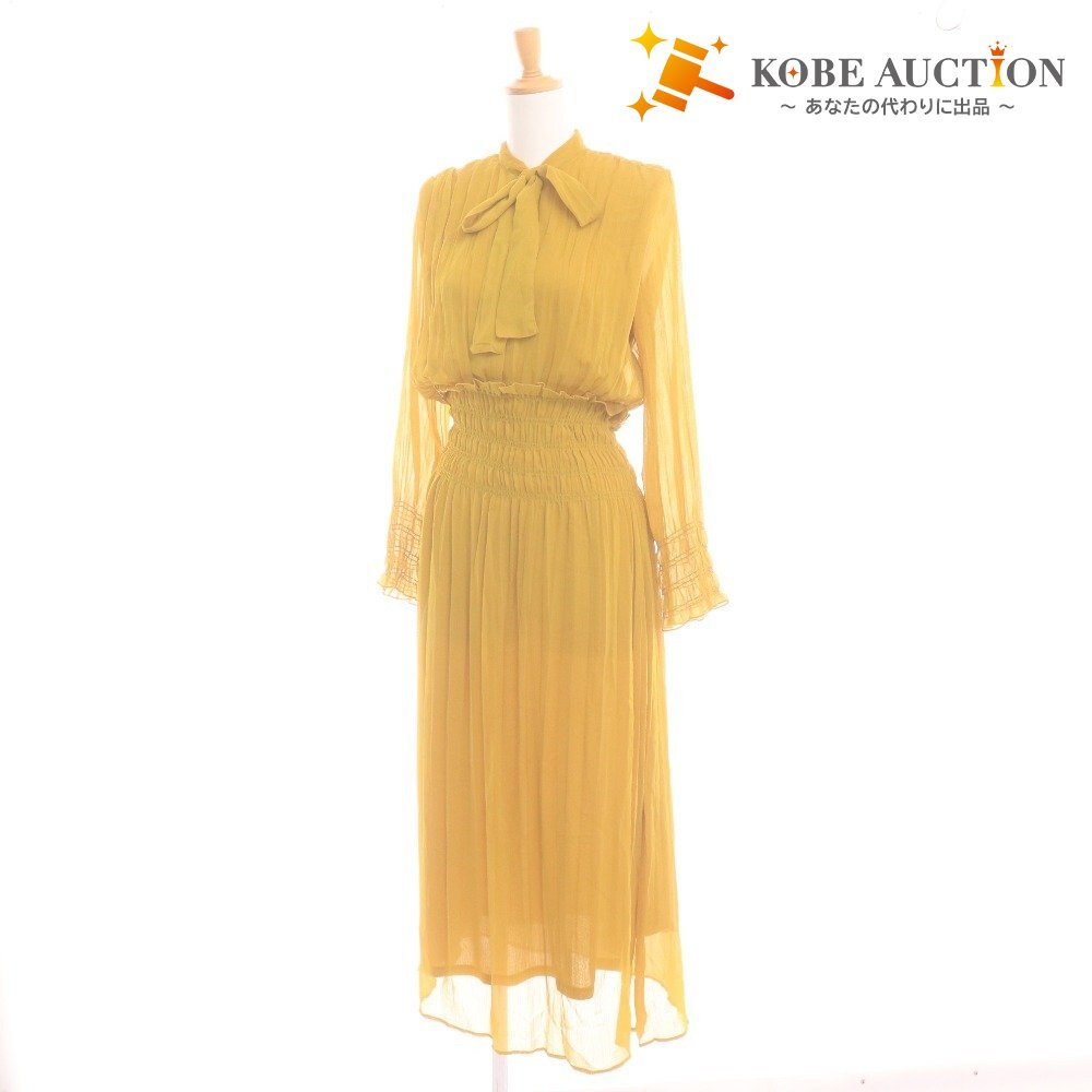 ■ ZARA ザラ ロングワンピース ドレス 長袖 トップス マキシ丈 ボウタイ 襟 レディース XS イエロー拍卖