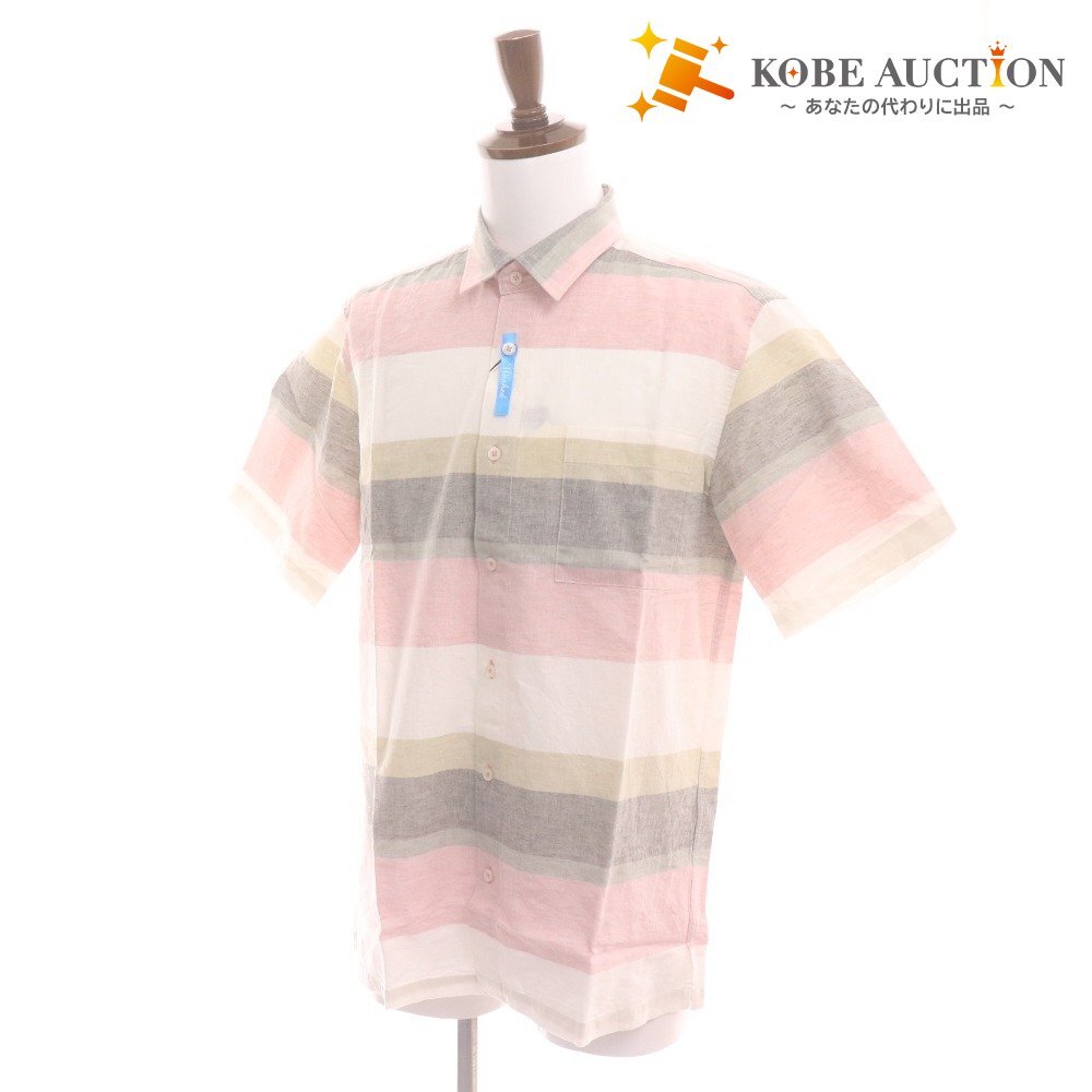■ バラシ フレンチリネン シャツ 半袖 トップス ボーダー メンズ 48 マルチカラー タグ付き 未使用拍卖