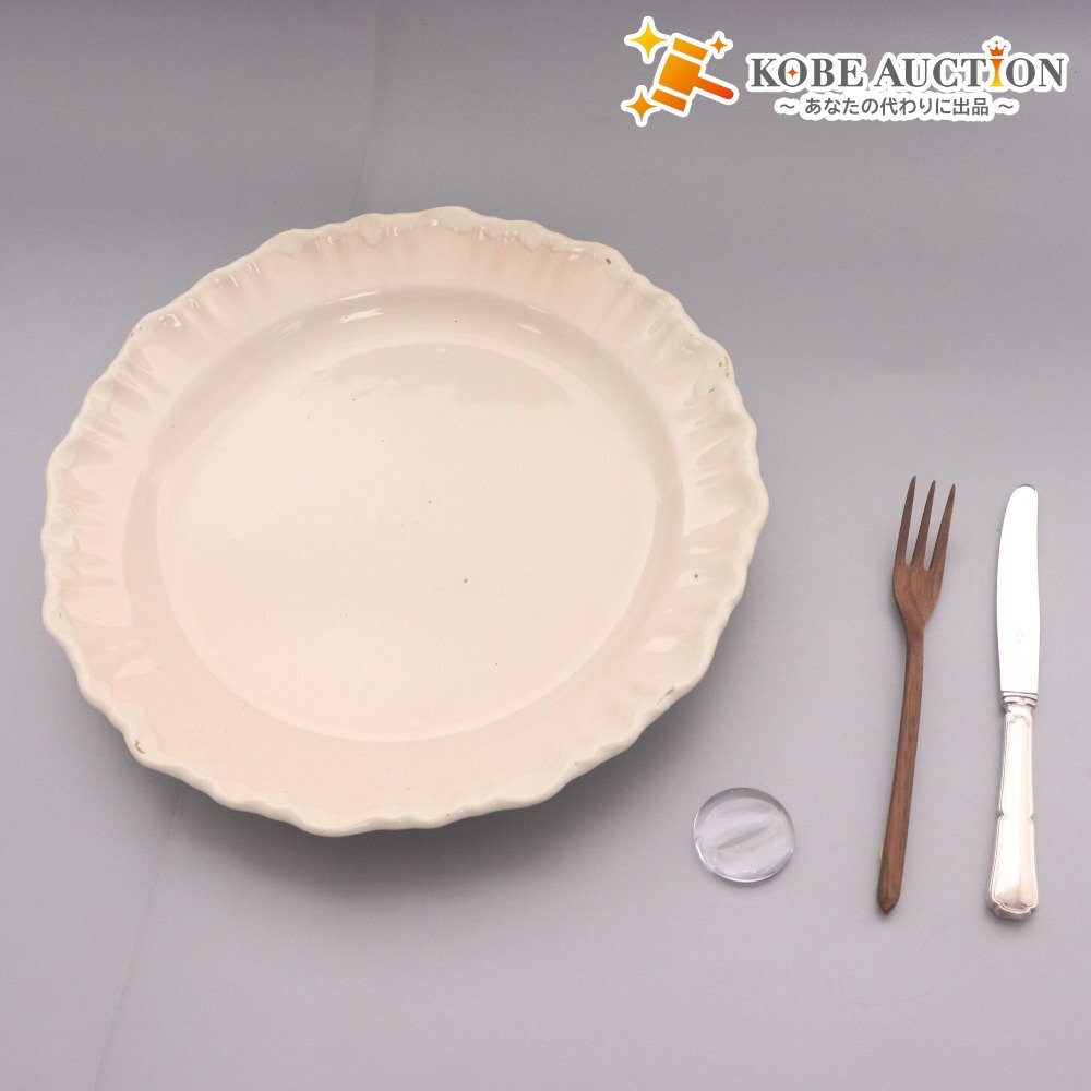 ■ ムスティエ 大皿 プレート 皿 食器 シェルリム フランス ホワイト 直径約33cm ナイフ フォーク ガラスの箸置き 付き拍卖