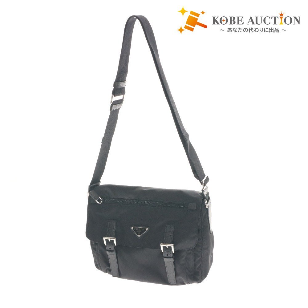 ■ プラダ ショルダー バッグ 斜め掛け 鞄 シルバー金具 ベルト ナイロン イタリア製 レディース ブラック拍卖