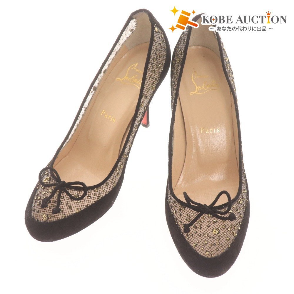 ■ クリスチャンルブタン パンプス ハイヒール 靴 メッシュ リボン スエード レディース 38(25cm相当) ブラック 付属品付き拍卖