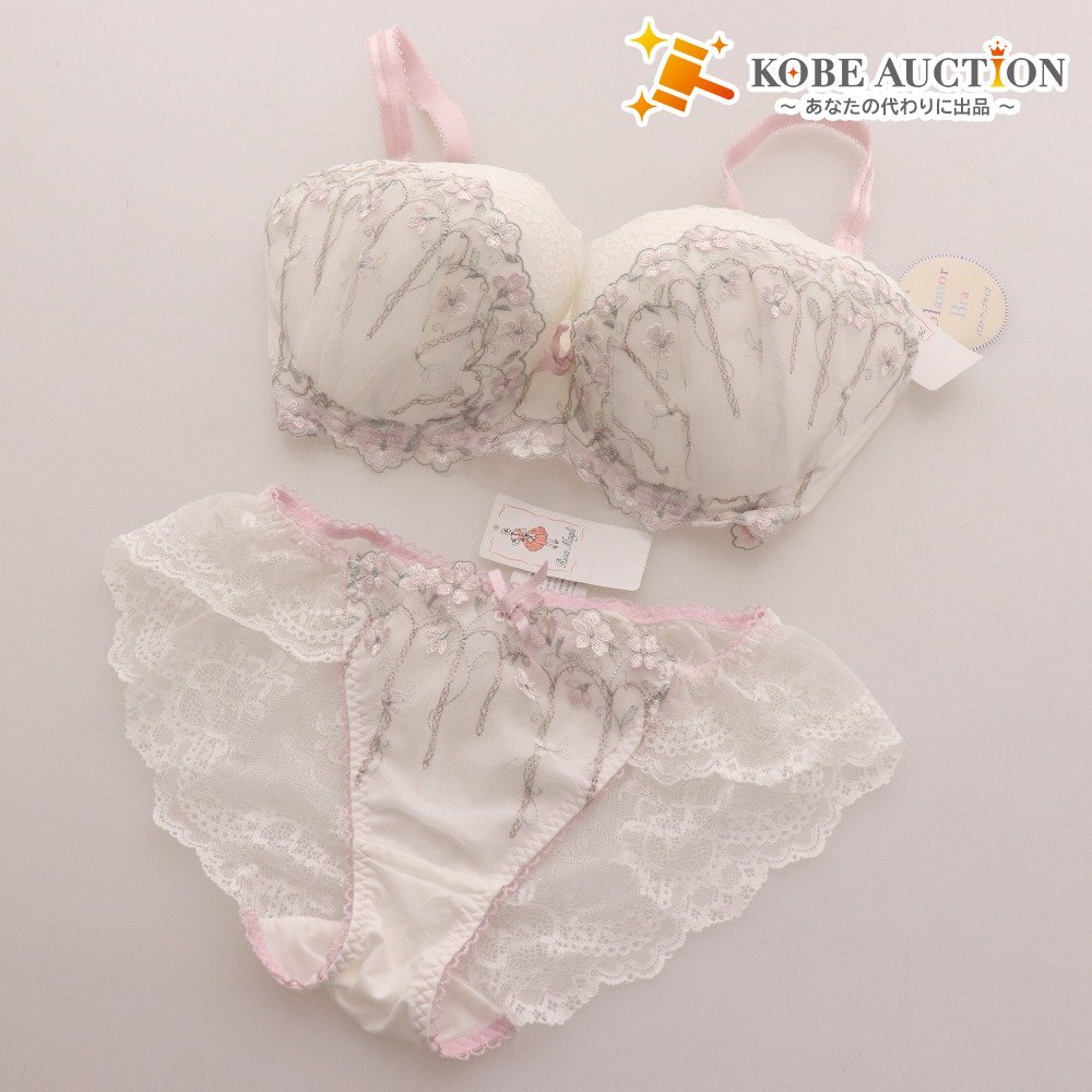 ■ リサマリ ブラジャー ショーツ セット バストアップタイプ レース 花柄 刺繍 レディース H75 L ホワイト ピンク系 タグ付き 未使用拍卖