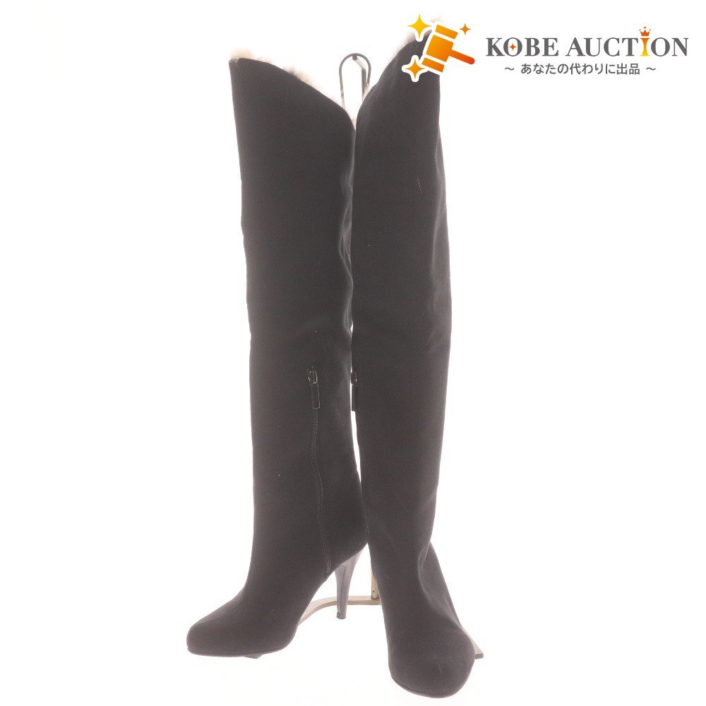 ■ POOL SIDE プールサイド ロングブーツ 革靴 スエード 中ボア ハイヒール ジップアップ レディース 22.5 ブラック拍卖