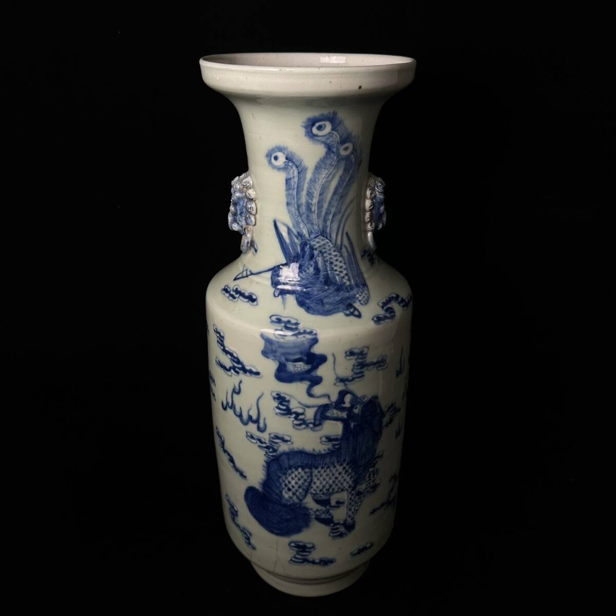 コレクター買取品 中国美術 清時代 古染付 青花 大花瓶 59.5㎝ 獣耳付 鳳凰文 獅子 飾壺 花器 置物 中国古玩 唐物 時代物 骨董品 古美術拍卖