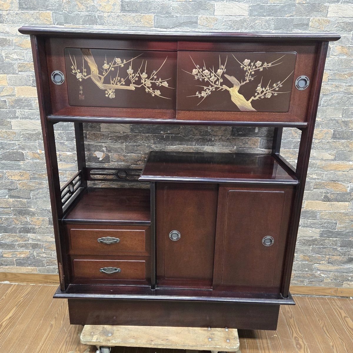 ◆◇5g106-1 在銘 聖峰 違い棚 蒔絵飾り棚 W910×D380×H1070 水屋 茶棚 収納棚 引き出し 和家具◇◆拍卖