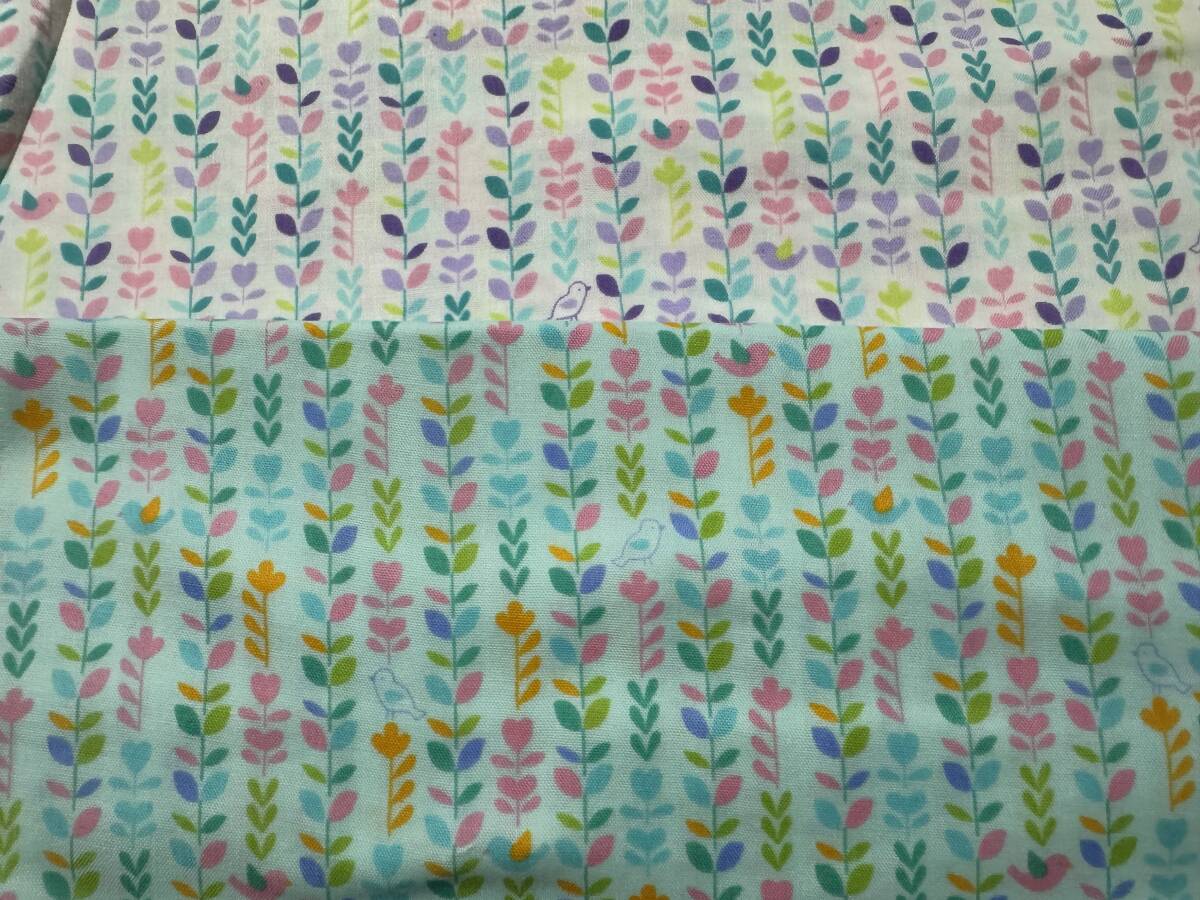 4m ダブルガーゼ 108×200cm×2色 計400cm 綿100% リーフと鳥 /日本製 生地 はぎれ ②拍卖