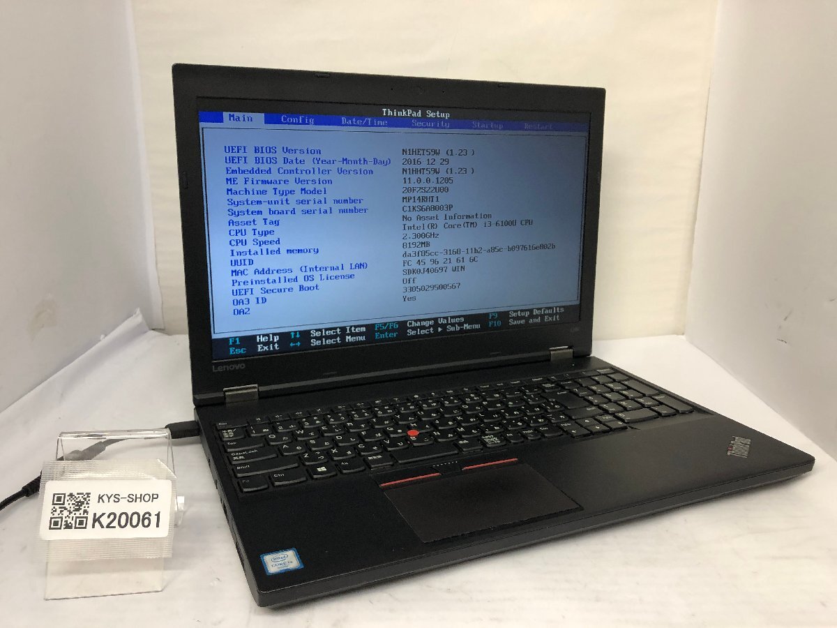 ジャンク/ LENOVO 20F2S22U00 ThinkPad L560 Intel Core i3-6100U メモリ8.19GB ストレージ無し 【K20061】拍卖