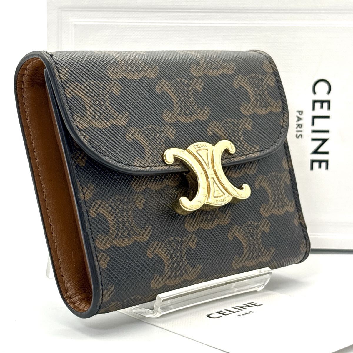 現行◆極美品◆CELINE セリーヌ 三つ折り財布 3つ折り財布 マカダム柄 ブラウン トリオンフ ゴールドロゴ メンズ レディース拍卖