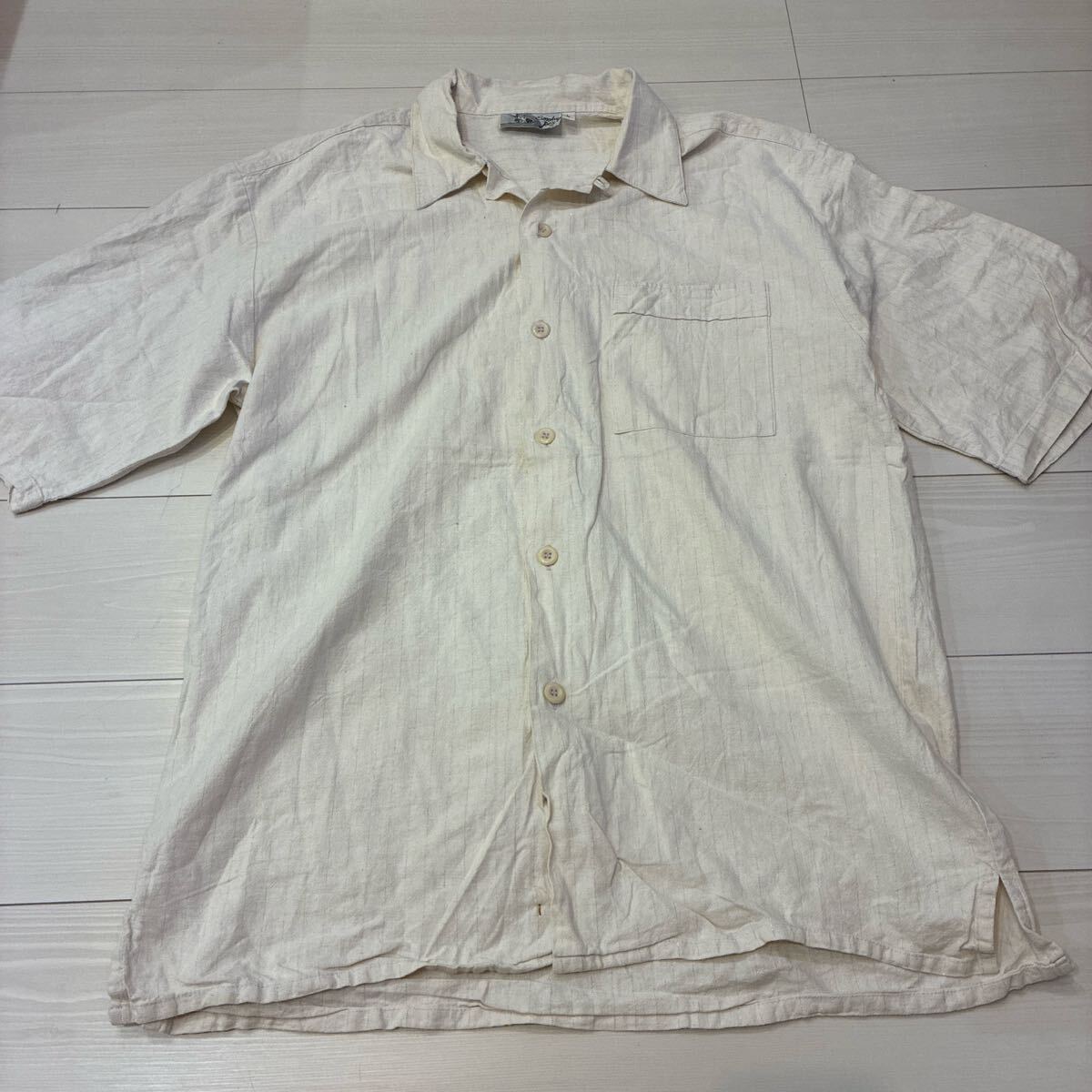 ヴィンテージ リネンシャツ リネン混 ホワイト アイボリー ストライプ 半袖シャツ USA 古着 夏 アメカジ ストリート 拍卖