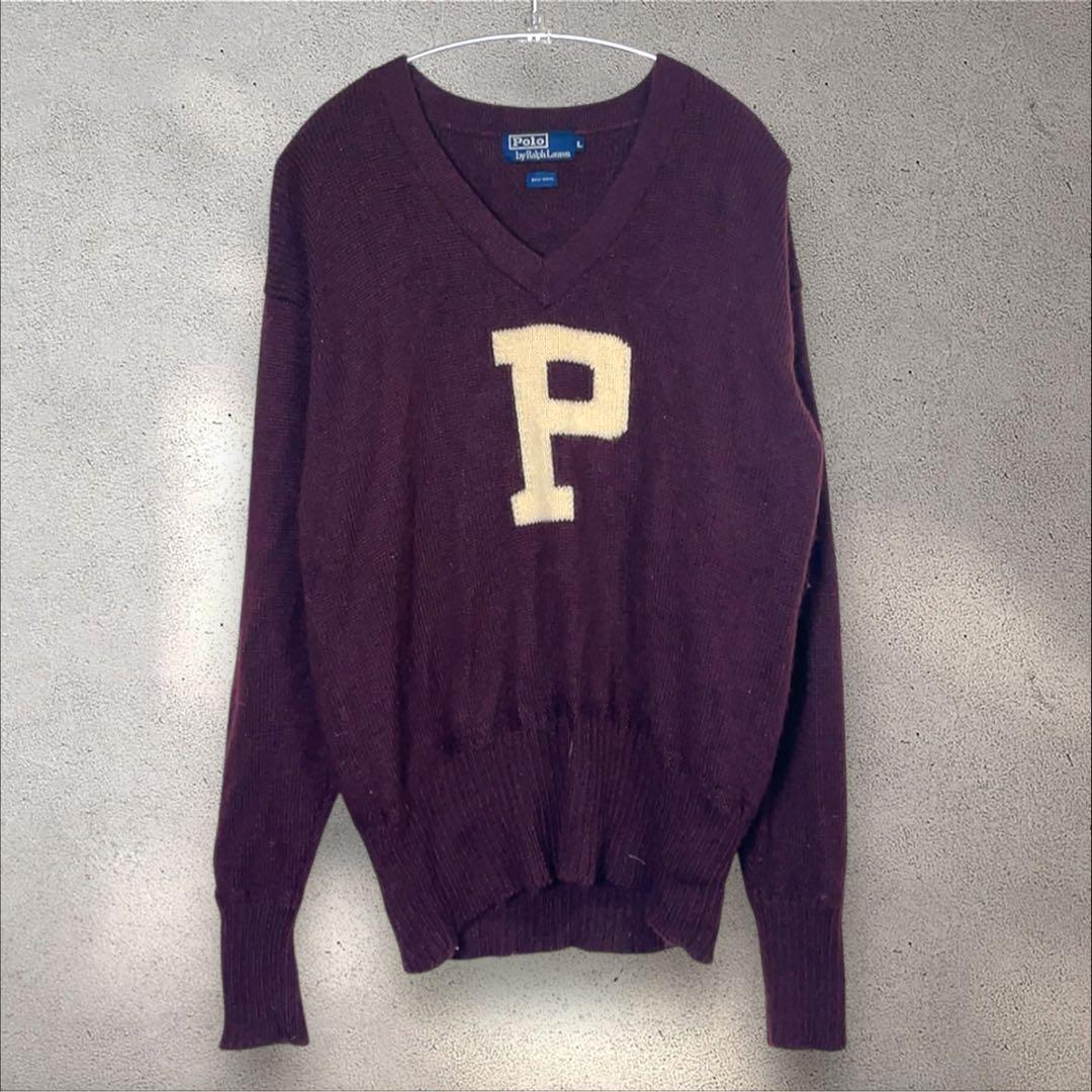 90s ポロ ラルフローレン ウールニットPビッグロゴ L センターロゴ L拍卖