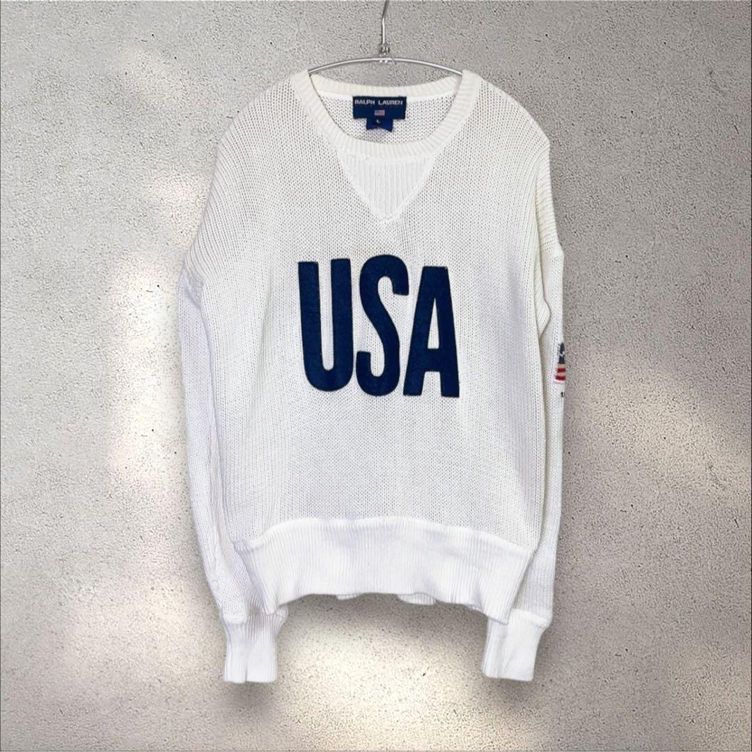 ラルフローレン ポロスポーツ USAワッペン ニット セーター 白 L拍卖