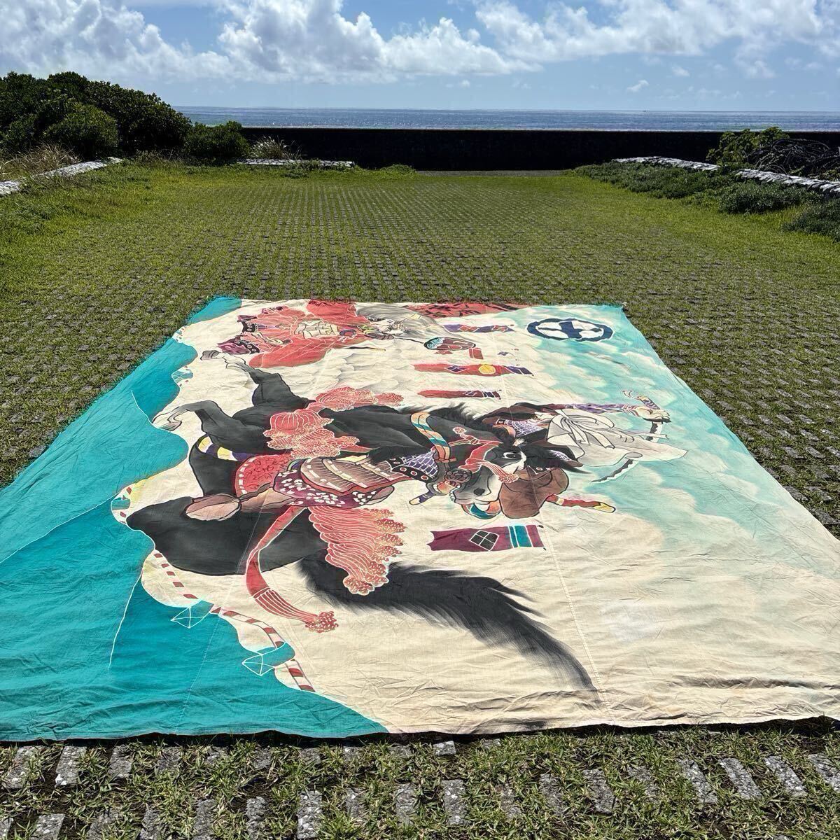 3m×4m55 特大サイズ 古布 リメイク素材 当時物 飾り絵 一点物 武者絵 人物 馬 貴重 手書き のぼり旗 フラフ 十字家紋拍卖