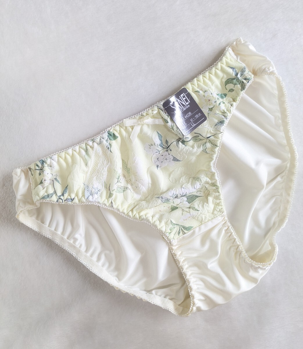 お泊まりに☆キュートなパンティ未使用LL☆フロント淡いボタニカル柄☆クリームイエロー☆☆匿名配送可☆タグあり☆拍卖