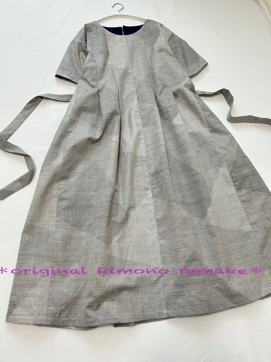 新品未使用紬★タックワンピース★着物リメイク★紬ワンピース★ハンドメイド★半袖拍卖