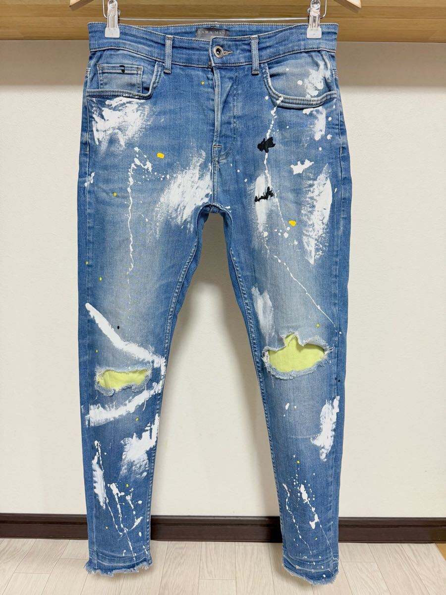 柔らかめ 春夏 ペイント ZARA MAN ネオン カットオフ 送料230円 38 30 ストレッチ スキニー ダメージ デニム ジーンズ メンズ パンツ 青拍卖